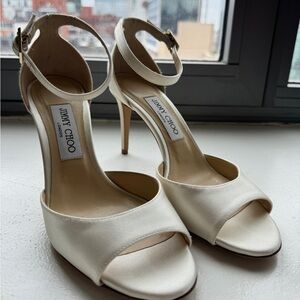 Jimmy Choo Annie 85 Ivory Satin Peep Toe Sandal